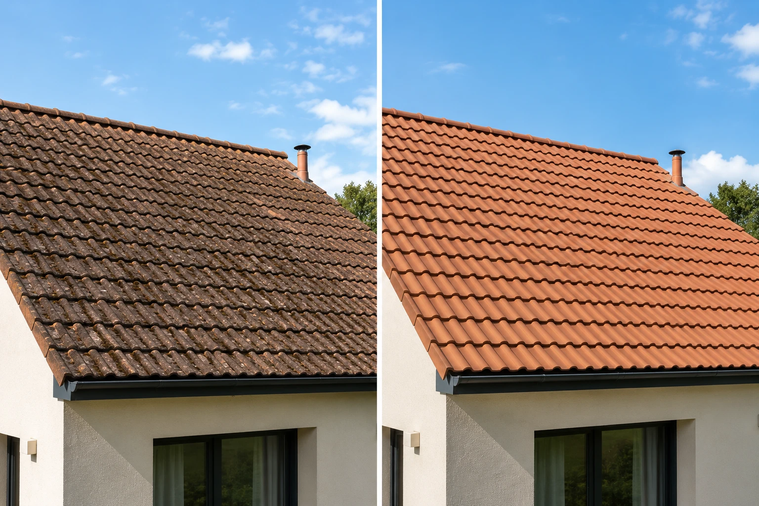 Toiture avant et après rénovation par [NOM_ENTREPRISE] : tuiles ternies et moussues à gauche, couverture nettoyée et éclatante à droite